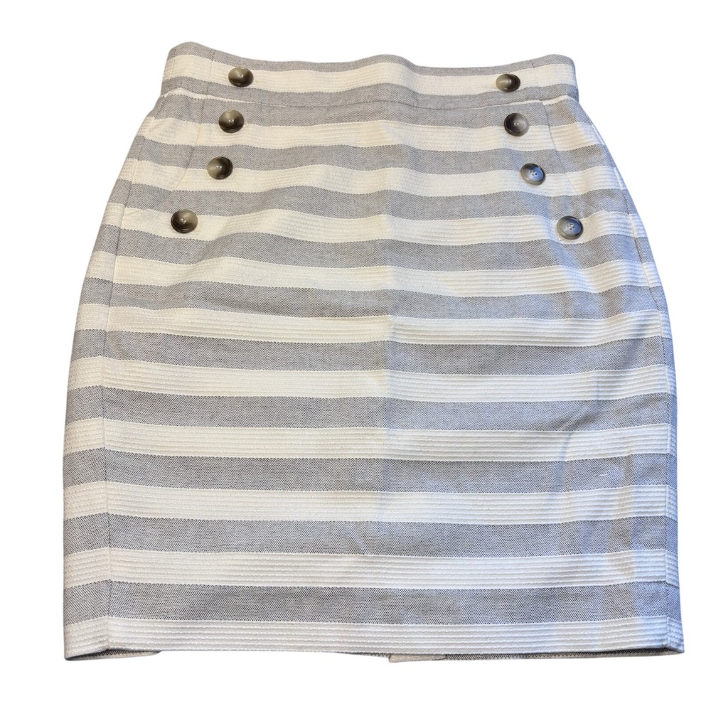 Loft 4P Nautical Striped High Waist Pencil Skirt Grey White Sailor Button Pocket